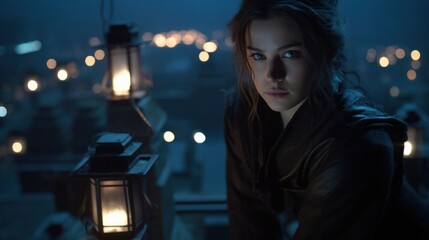 Female ninja, poised on rooftop with shuriken, observing Edo marketplace under lantern's warm glow