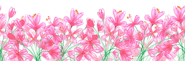 Hand drawn watercolor abstract pink daisy flowers seamless frame border isolated on white background. Can be used for cards, tape, textile and other printed products.