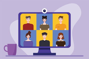 Video conference concept. People avatars on computer screen. Vector illustration