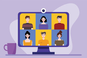 Video conference concept. People avatars on computer screen. Vector illustration