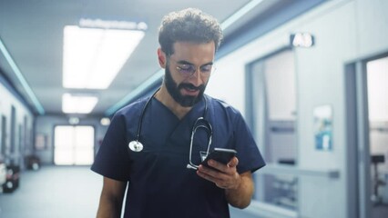 Male Healthcare Nurse Using Smartphone for Day-to-Day Hospital Operations and Communication. Latin Young Clinic Professional Doing Online Medical Work in Modern Public Health Care Facility - Powered by Adobe