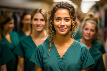 Fototapeta premium Smiling nurse in green coat stands in front of patient's room in hospital.