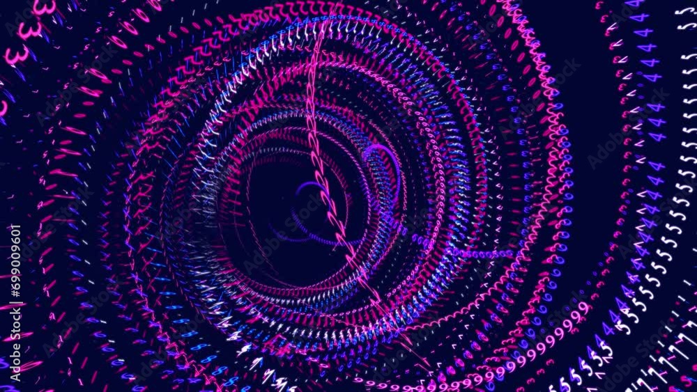 Poster vj loop hologram blue red abstract bg. symbols form lines, lines form spiral grid. sci fi theme, inf