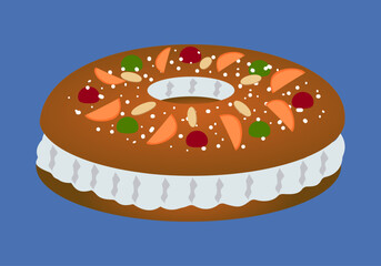 Roscón de Reyes relleno de nata y con frutas confitadas, almendras fileteadas y azucar glass. Roscón de bizcocho y nata