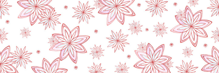 Fototapeta na wymiar Hand drawn watercolor beautiful snow flakes seamless border isolated on white background. Can be used for textile, labels, banner and other printed products.