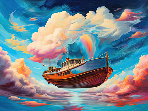 painting of a boat floating in the sky with a rainbow in the background