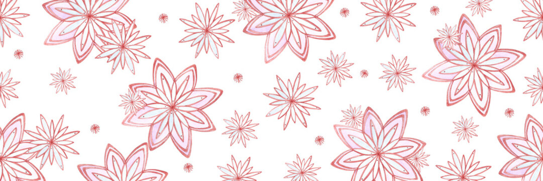 Hand drawn watercolor beautiful snow flakes seamless border isolated on white background. Can be used for textile, labels, banner and other printed products.