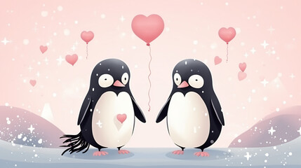 Illustration of cute penguins couple in love animal