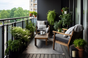 Beautiful decorated balcony with table, chairs, pillows and many decorative plants - obrazy, fototapety, plakaty