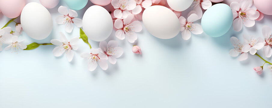 Banner of pastel colors easter eggs and sping flowers isolated on pastel blue background with blank space