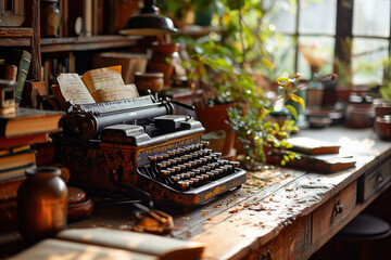 Antique typewriter on a rustic wooden desk surrounded by vintage objects, suggesting a creative or historical writing setting. - obrazy, fototapety, plakaty