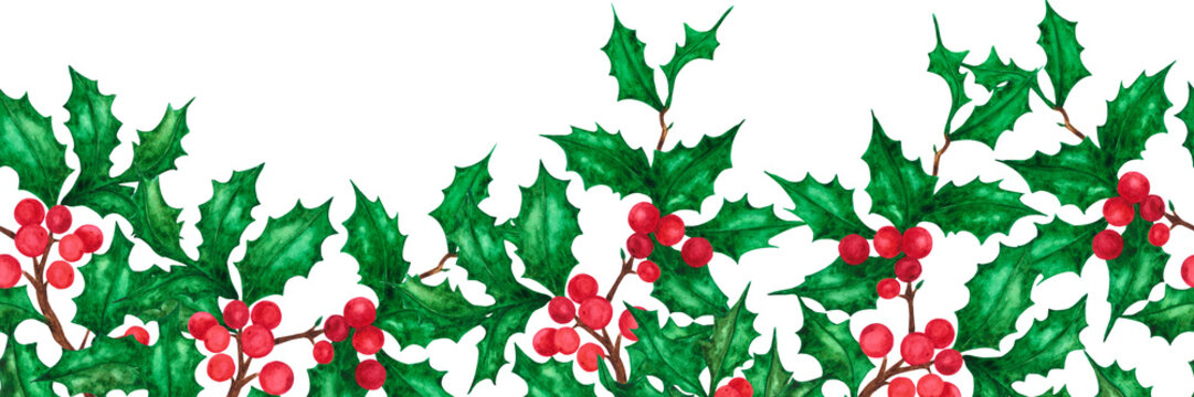 Hand drawn watercolor holly with berries seamless border isolated on white background. Can be used for label, tape, decoration and other printed products.