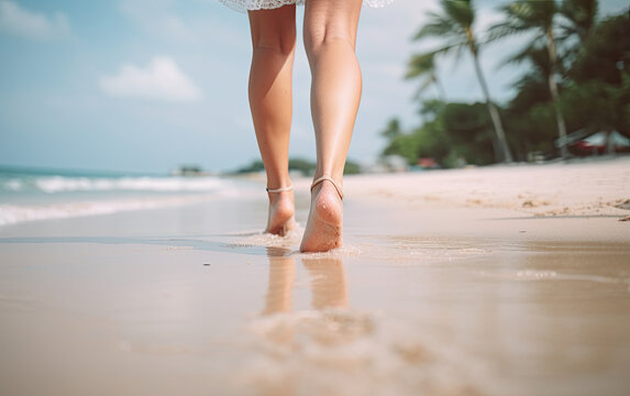 close up woman feet walking along tropical beach. Women's legs and feet walk along the sand and sea waves, along the beach. Relaxation travel concept.