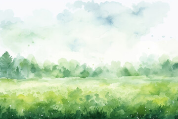 Fototapeta na wymiar Watercolor illustration of green meadow landscape. Spring day scene