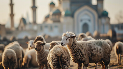 domestic sheep stands in front of a large mosque. Selective focus shot of a bunch. Happy...