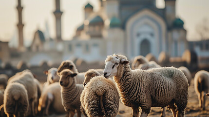 domestic sheep stands in front of a large mosque. Selective focus shot of a bunch. Happy Eid-al-Adha Feast of the Sacrifice Greeting. Made with generative ai