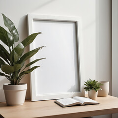 A Blank white frame mock up on a clean and minimalistic desk with a potted plant