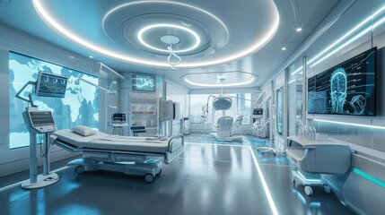Obraz premium medical technology Futuristic hospital room with high tech Artificial neural networks technology equipment and using virtual reality technology 