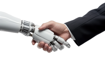 Hand of a man in a suit shaking hands with a modern ai robot. Concept of human agreement with artificial intelligence