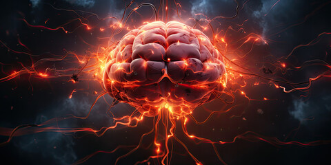 ,A detailed image of a brain with sparks emanating from it. Ideal for science, technology, and innovation concepts, depicting creativity, intelligence, Electrical activity inside the human brain - obrazy, fototapety, plakaty