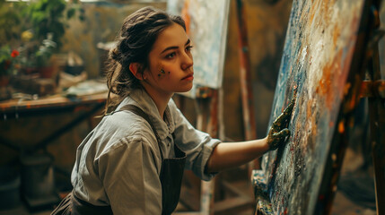 A woman in a smock sits at an easel, her fingers covered in gold paint. She is focused and intent,...