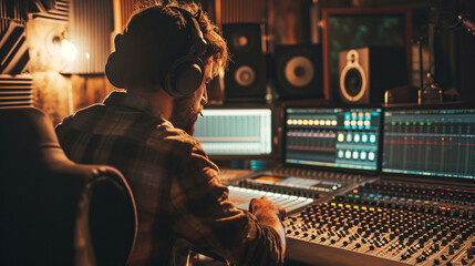 music producer sits at a mixing board in his recording studio, headphones on, listening intently to...