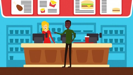 2d Animated Black Cartoon Man Standing At Fast Food Restaurant Counter Choosing And Ordering Food, Employee Taking Orders.