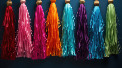 Colorful Tassel Garland Pattern,A close up of tassels on a string. Perfect for adding a bohemian touch to designs, such as invitations, textiles, or fashion accessories.