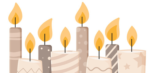 Ensemble de bougies décoratives simples et festives - Bougies décorées - Illustration vectorielle pour inviter à prier ou à célébrer un événement - Prière, culture et tradition - Chandeleur - Motifs