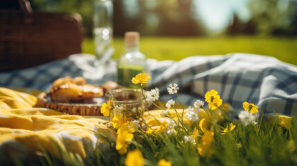 Sunny summer picnic scene on green grass with fresh flowers and a basket of pastries.