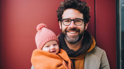 Cheerful father with glasses cuddling his infant wearing a pink beanie and orange scarf against a red background. - obrazy, fototapety, plakaty