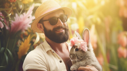 Smiling bearded man in a straw hat and sunglasses holding a bunny adorned with flowers in a vibrant garden.