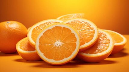 Sliced oranges artistically arranged on a monochrome backdrop, emphasizing freshness and natural vibrancy.