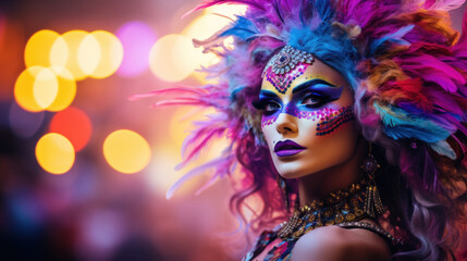Naklejka premium A performer at a festival wearing a colorful feather headdress and dramatic makeup, illuminated by bokeh lights.