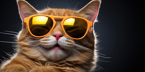 portrait of a cat, happy Cat wearing sunglasses and and shows thumbs up gesture on blue background - obrazy, fototapety, plakaty