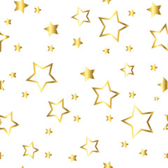 Gold flying stars, trendy seamless pattern. Festive decor, gold sparkles confetti on a white background. for print, postcard, paper, banner. vector illustration.