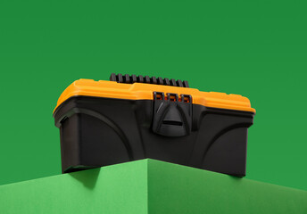 Concept of construction and design. Black toolbox and DIY.