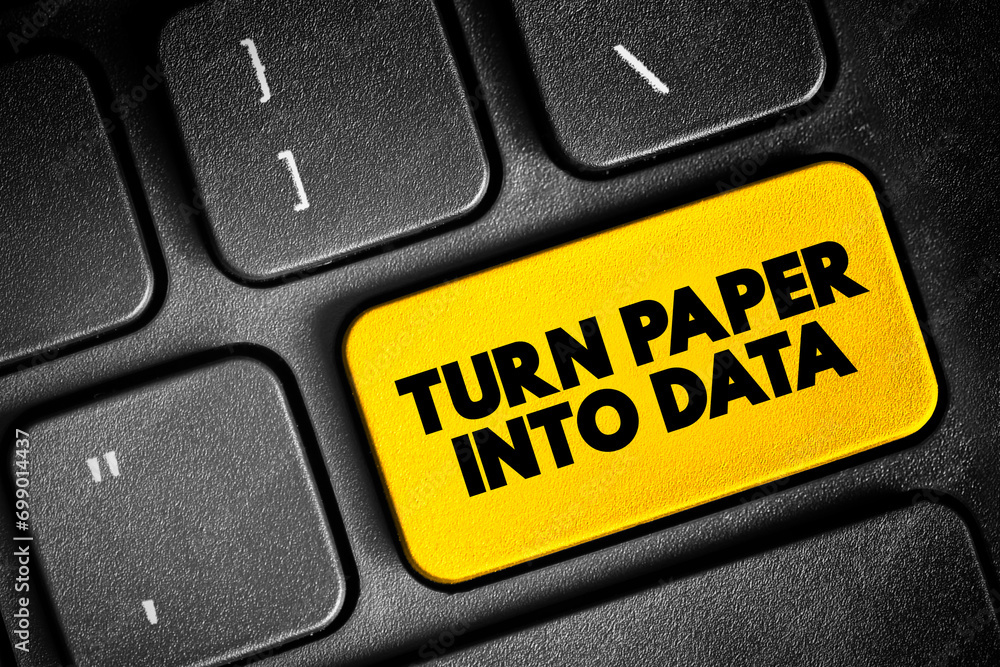 Poster turn paper into data text button on keyboard, concept background