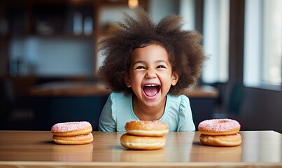 A little girl sitting at a table with a plate of doughnuts