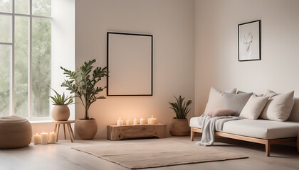 A blank White Frame mock up in a serene meditation room with cushions, candles, and calming decor. 