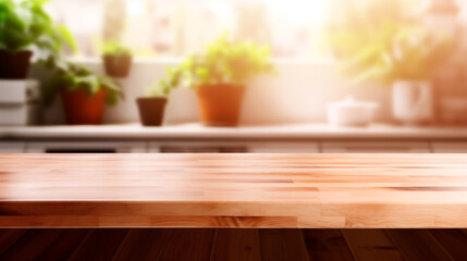 empty wooden table in front of abstract blurred background for product display in a coffee shop, local market or bar