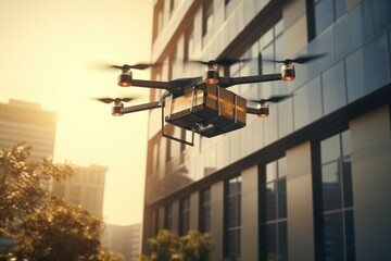 Drone flying in the city. 3d rendering, 3d illustration, A drone delivering a package to an office building, AI Generated