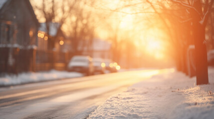 Sunset casting a golden glow on a snowy street in a residential neighborhood, with the warmth contrasting the winter chill. - obrazy, fototapety, plakaty
