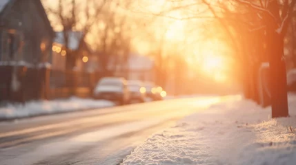 Foto op Canvas Sunset casting a golden glow on a snowy street in a residential neighborhood, with the warmth contrasting the winter chill. © tashechka