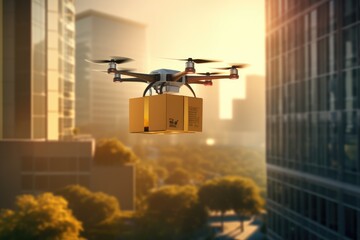Fototapeta na wymiar Drone carrying a box on the city background. 3d rendering, A drone delivering a package to an office building, AI Generated