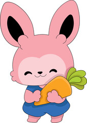 A cute pink rabbit is holding a giant carrot