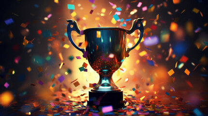 A gleaming golden trophy surrounded by a shower of colorful confetti celebrates success, achievement, and victory. - obrazy, fototapety, plakaty