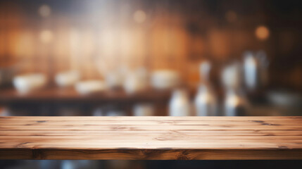 Warmly lit wooden table surface with a defocused background of a cozy restaurant ambiance, ideal for display and montage.