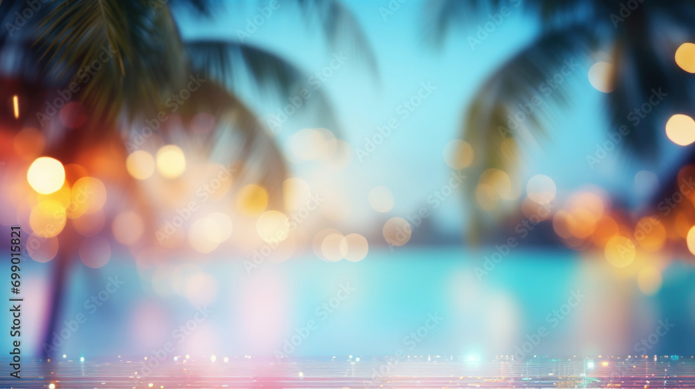 Poster blurred tropical scene with palm trees and shimmering bokeh lights, creating a dreamy vacation backd
