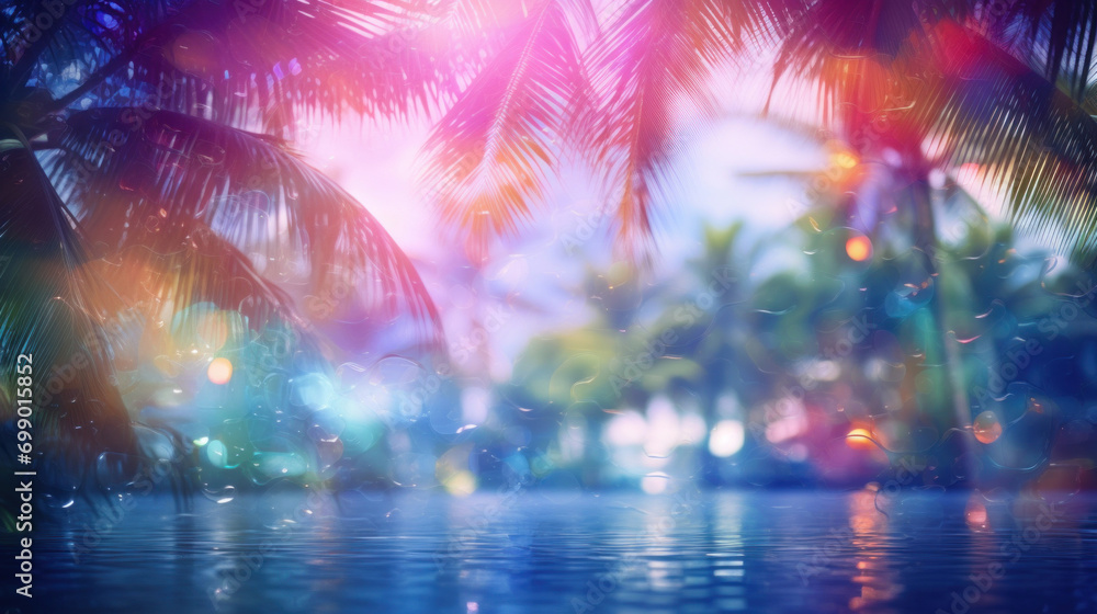Poster a dreamlike view of tropical palm leaves with a vibrant bokeh effect, creating an enchanting atmosph